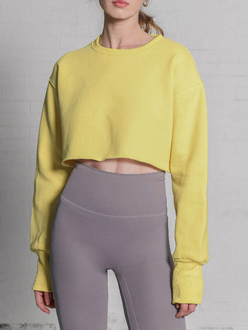Woochic sweatshirt courte col rond manches longues femme mode Jaune S